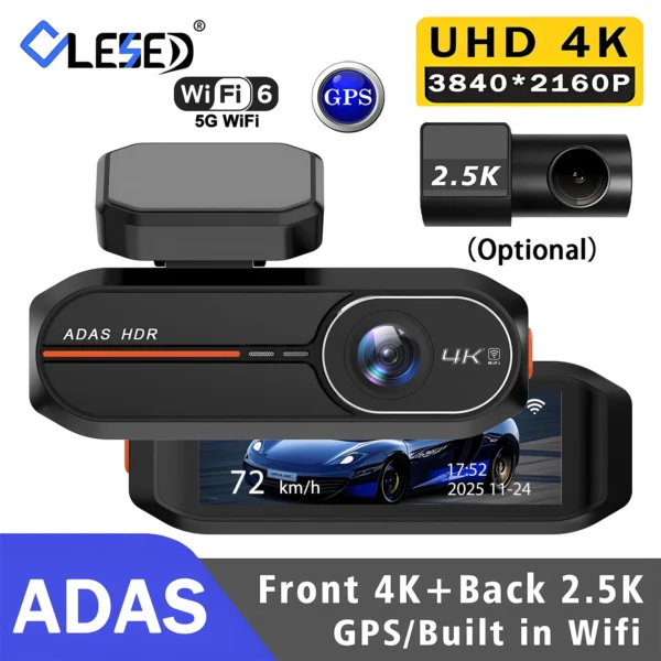 كاميرا لوحة القيادة 4K بدقة 3840*2160 بكسل مع واي فاي وGPS ونظام ADAS، كاميرا أمامية 4K وخلفية 2.5K، مسجل فيديو DVR مع رؤية ليلية على مدار 24 ساعة، كاميرا سيارة للصندوق الأسود