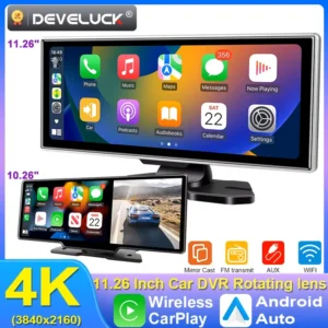 10/11.26 بوصة داش كام 4K جهاز تسجيل فيديو رقمي للسيارات اللاسلكية Carplay و أندرويد السيارات لتحديد المواقع والملاحة مسجل فيديو لوحة القيادة عدسة مزدوجة واي فاي FM AUX