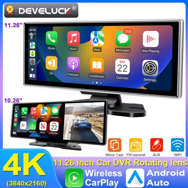 10/11.26 بوصة داش كام 4K جهاز تسجيل فيديو رقمي للسيارات اللاسلكية Carplay و أندرويد السيارات لتحديد المواقع والملاحة مسجل فيديو لوحة القيادة عدسة مزدوجة واي فاي FM AUX