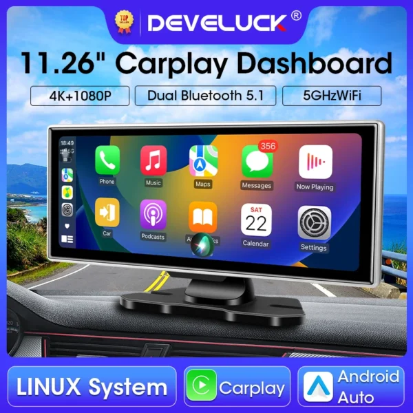 11.26 بوصة جهاز تسجيل فيديو رقمي للسيارات 4K داش كام عدسة مزدوجة لاسلكية Carplay و أندرويد مسجل فيديو تلقائي مراقب نظام تحديد المواقع والملاحة 5G واي فاي FM AUX