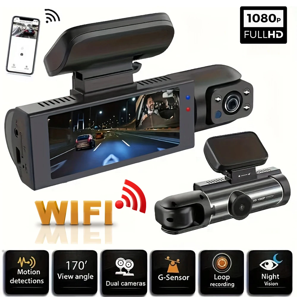 كاميرا داش مزدوجة 1080P WIFI للسيارات، أمامي وداخل، كاميرا سيارة مع رؤية ليلية بالأشعة تحت الحمراء، تسجيل حلقة، كاميرا DVR للسيارة بزاوية واسعة