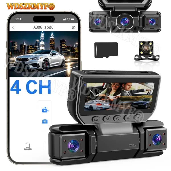 4 كاميرا 360 درجة جهاز تسجيل فيديو رقمي للسيارات 1080P مسجل فيديو واي فاي داش كام الجبهة اليمنى اليسرى كاميرا الرؤية الخلفية 24 ساعة شاشة ركن السيارة هدية