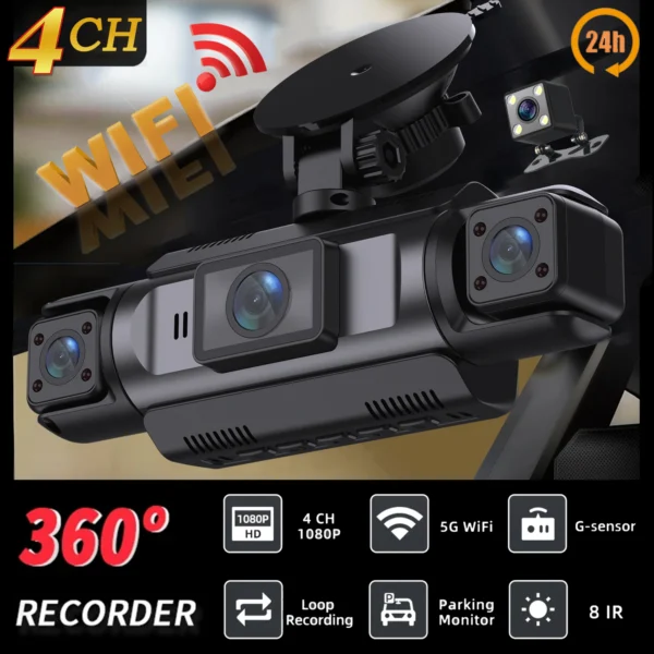 4Ch واي فاي داشكام كاميرا السيارة صندوق أسود القيادة DVR FHD 1080P الجبهة اليسرى اليمنى الخلفية للرؤية الليلية حلقة تسجيل هاردوير عدة