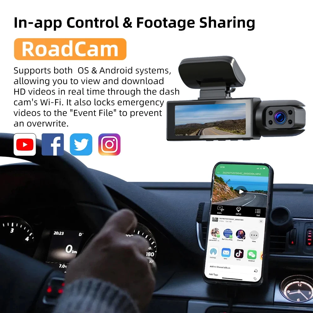 كاميرا داش مزدوجة 1080P WIFI للسيارات، أمامي وداخل، كاميرا سيارة مع رؤية ليلية بالأشعة تحت الحمراء، تسجيل حلقة، كاميرا DVR للسيارة بزاوية واسعة