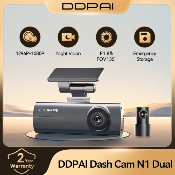 DDPAI Dash Cam N1 تسجيل أمامي وخلفي مزدوج NightVIS 1296P Dash Cam مسجل جهاز تسجيل فيديو رقمي للسيارات App التحكم