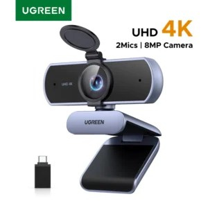 كاميرا ويب UGREEN بدقة 4K وFHD و1080P، بدقة 8 ميجابكسل، للاستخدام مع أجهزة الكمبيوتر، مع خاصية التركيز التلقائي PDAF، وميكروفونات مزدوجة لإلغاء الضوضاء، مثالية للاستخدام مع تطبيقات Zoom وTeams وGoogle Meet.