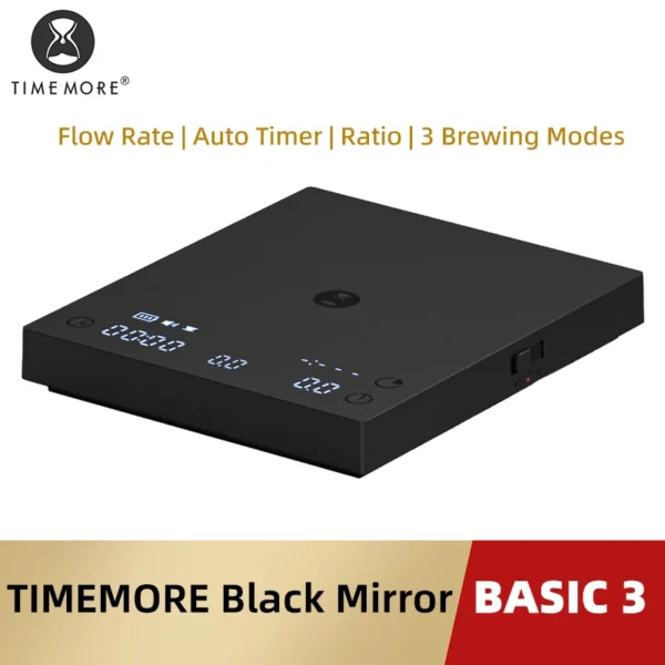 ميزان قهوة TIMEMORE Basic 3 Black Mirror للصب، ميزان إسبريسو، مع مؤشر معدل التدفق، مؤقت تلقائي، نسبة تحضير، 3 أنماط تحضير، سعة 2 كجم