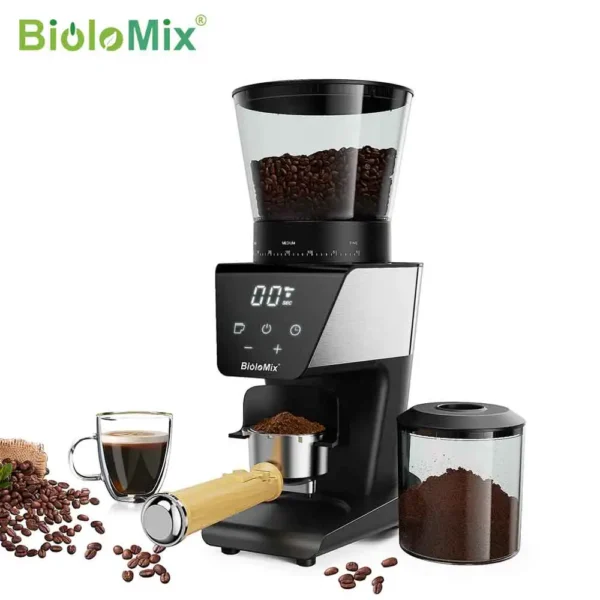 مطحنة القهوة الكهربائية BioloMix الأوتوماتيكية مع 30 تروس لصب القهوة الإسبريسو الأمريكية فوق تخزين الفول البصرية