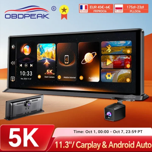 كاميرا سيارة K8 Pro 11.3 بوصة تعمل باللمس 5K Dash Cam GPS 5G WiFi CarPlay اللاسلكية وأندرويد تسجيل حلقة تلقائية GPS والملاحة DVR
