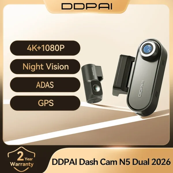 كاميرا لوحة القيادة DDPAI N5 مزدوجة بدقة 4K HDR أمامية وخلفية مع رؤية ليلية بالذكاء الاصطناعي وواي فاي 6 وGPS وADAS والتحكم الصوتي ووضع الركن لمدة 24 ساعة ومسجل فيديو للسيارة
