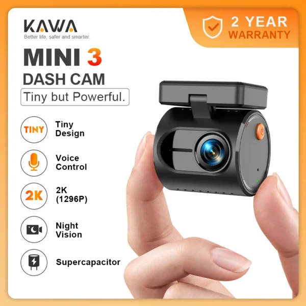 كاميرا داش كام KAWA MINI 3 صغيرة الحجم بدقة 2K 1296P مع التحكم الصوتي ورؤية ليلية ملونة ومراقبة 24 ساعة للوقوف مع واي فاي ومستشعر G وسوبر كاباسيتور