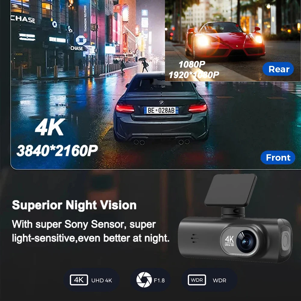 UHD 4K WiFi داش كام عدسة مزدوجة مسجل قيادة جهاز تسجيل فيديو رقمي للسيارات اختياري 1080P عدسة خلفية كاميرا GPS 24H رصد وقوف السيارات الصندوق الأسود