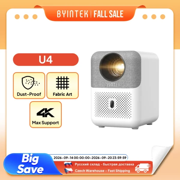 بروجيكتور BYINTEK U4 LOVE 1 الذكي للسينما المنزلية المصغرة بدقة 4K و1080P مع نظام أندرويد وواي فاي للهواتف الذكية