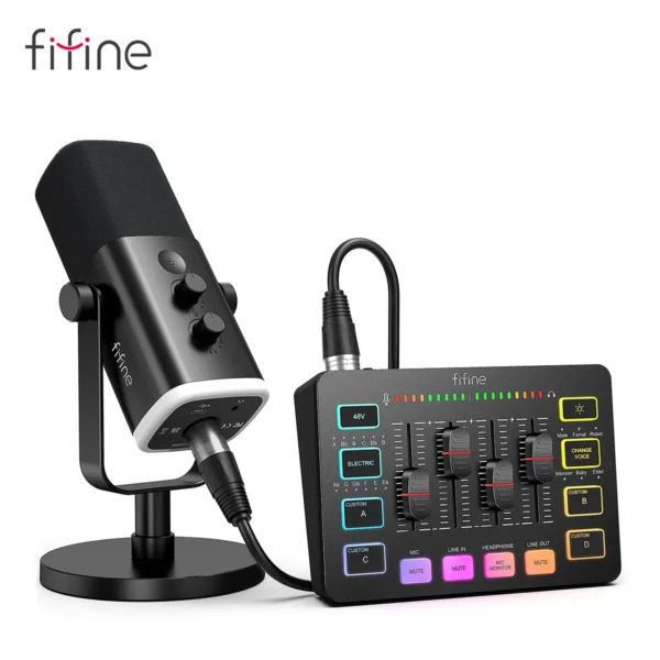 مجموعة بودكاست FIFINE الكل في واحد مع خلاط صوت RGB، مجموعة استوديو البث مع ميكروفون ديناميكي لتسجيل ألعاب الكمبيوتر-Ampligame KS5