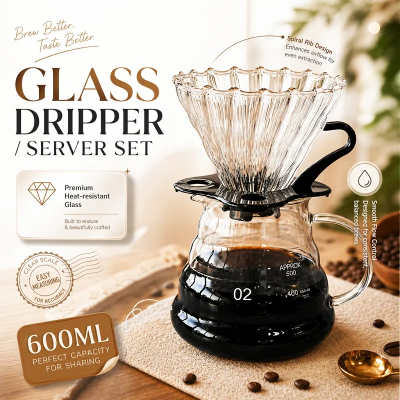 طقم قهوة فاخر من الزجاج البوروسيليكات - يتضمن أداة تقطير V60 وإناء سعة 600 مل، مقاوم للحرارة للاستخدام المنزلي والمكتبي