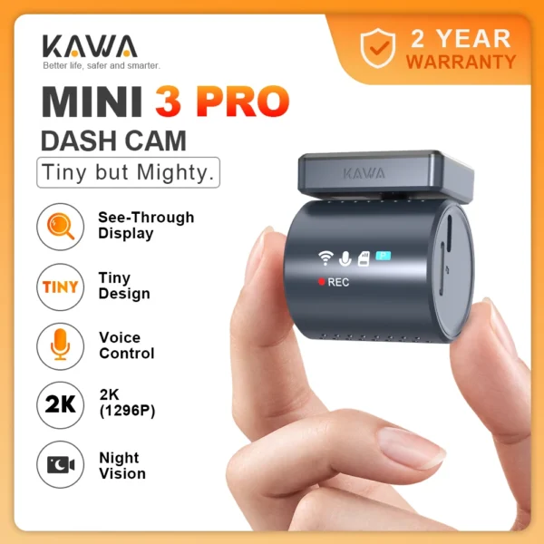 كاميرا داش كام KAWA MINI 3 Pro صغيرة الحجم بدقة 2K مع شاشة شفافة وتحكم صوتي ومراقبة مواقف السيارات على مدار الساعة ورؤية ليلية ومكثف فائق لتسجيل فيديو السيارة