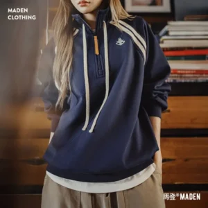 Maden المرأة خمر البحرية نصف البريدي البلوز الوقوف طوق البلوز كم طويل نمط Preppy القطن الرجعية بلايز عادية الخريف