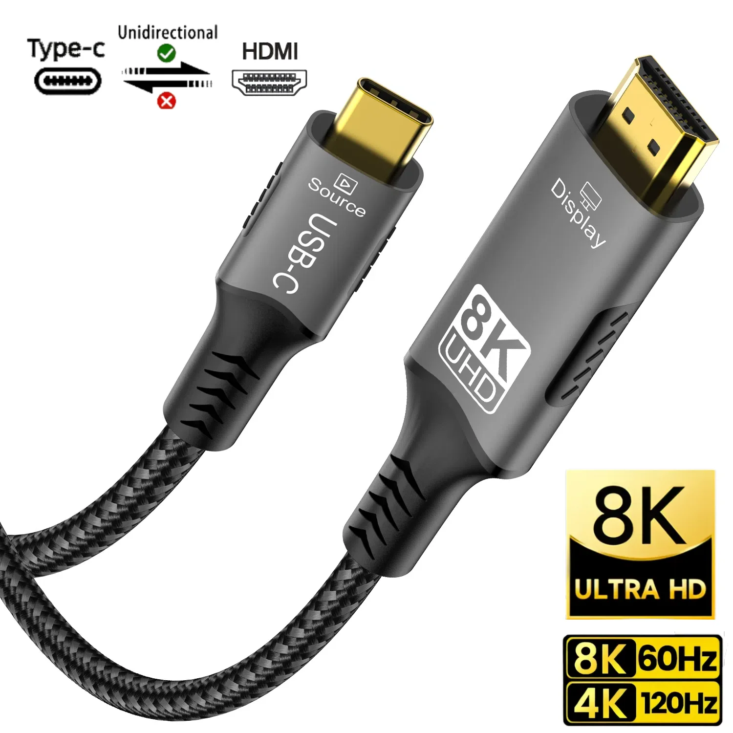 كابل من النوع C إلى HDMI 8K@60 هرتز 4K@120 هرتز 2K@240 هرتز USB C إلى HDMI 2.1 سلك متوافق مع محول التلفزيون MacBook iPad Samsung Galaxy