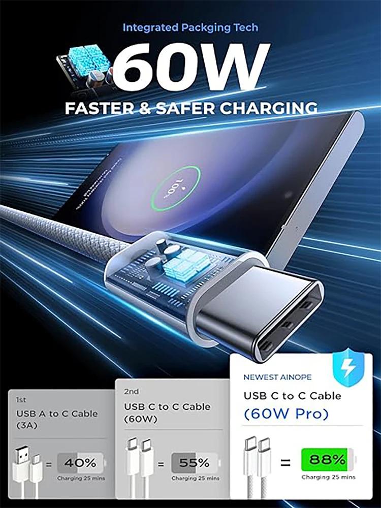USB-C إلى نوع C كابل ملون لابل آيفون 15 PD 60 واط شحن سريع لهواوي Xiaomi سامسونج نوع C النسيج كابل الملحقات