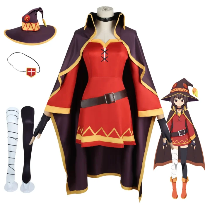أزياء أنيمي Megumin التأثيرية للنساء فستان الساحرة ملابس Megumin Cos شعر مستعار أزياء الهالوين