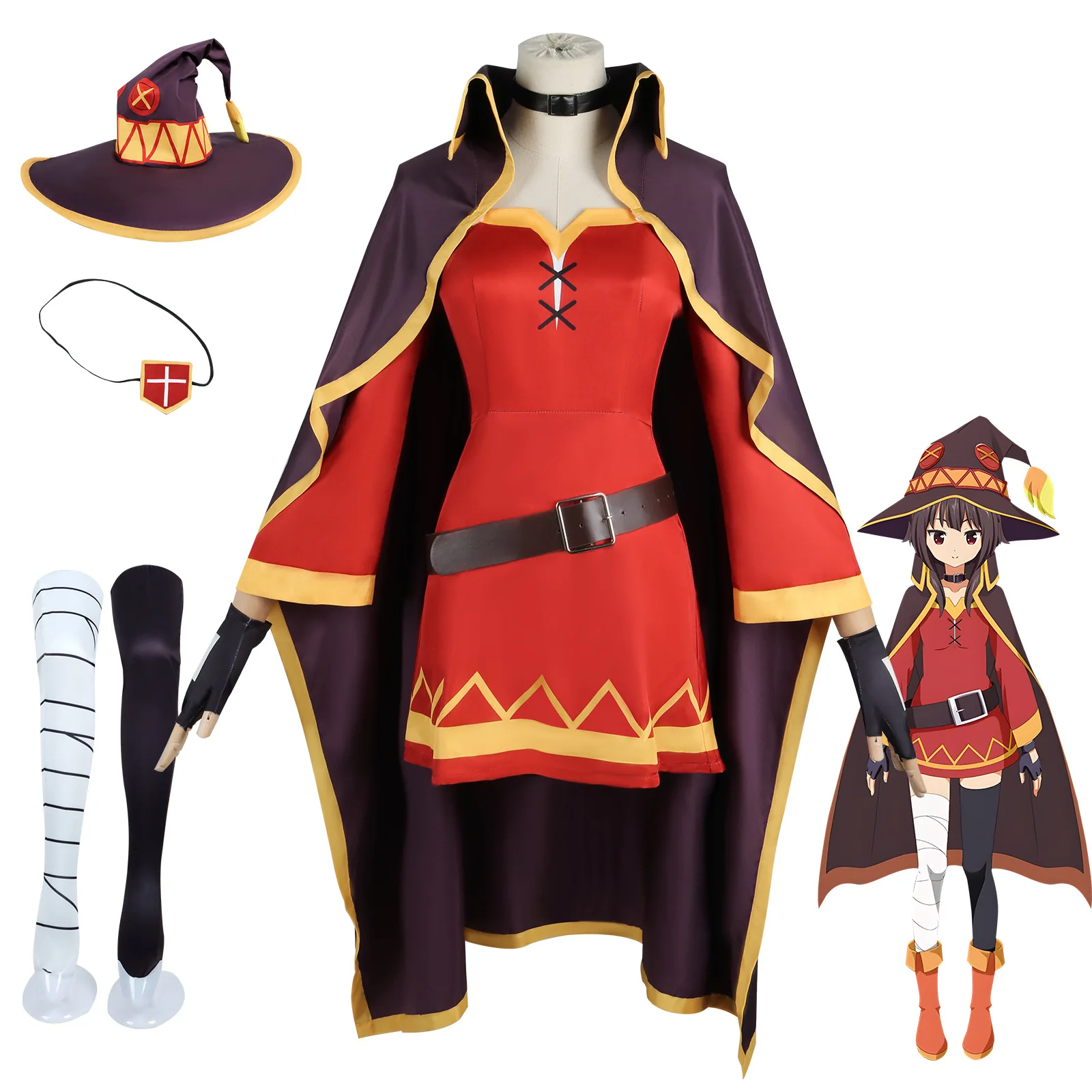 أزياء أنيمي Megumin التأثيرية للنساء فستان الساحرة ملابس Megumin Cos شعر مستعار أزياء الهالوين