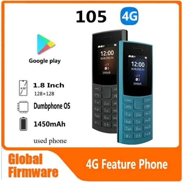 هاتف 105 4G 2023 صنع في فنلندا، هاتف بسيط بشريحتين، شاشة 1.8 بوصة، بلوتوث 5.0، بطارية، راديو FM، تسجيل مكالمات، لوحة مفاتيح عبرية متوفرة.