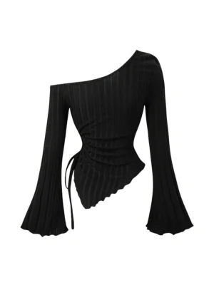 تي شيرت نسائي بقصة ضيقة وأكمام طويلة متقاطعة مكشوفة الأكتاف، بتصميم غير متماثل، على طراز الشارع، كاجوال أنيق، بأكمام بوقية