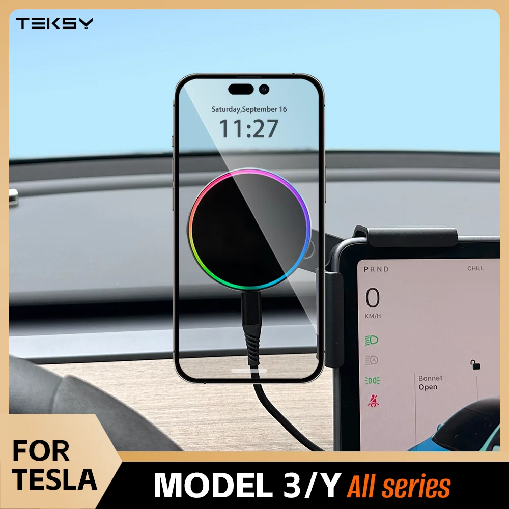 حامل هاتف للسيارة مع شاحن لاسلكي مغناطيسي 15 واط و25 واط Qi2.2 متوافق مع MagSafe لسيارة تسلا موديل Y 3 JUNIPER 2026
