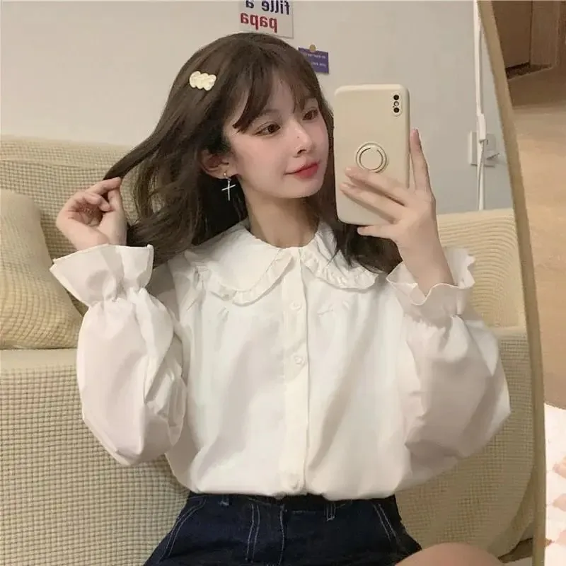 قميص أبيض نسائي عتيق على طراز Preppy بلوزة نسائية أنيقة بأكمام طويلة Y2K قمصان كاواي حلوة تناسب جميع المقاسات