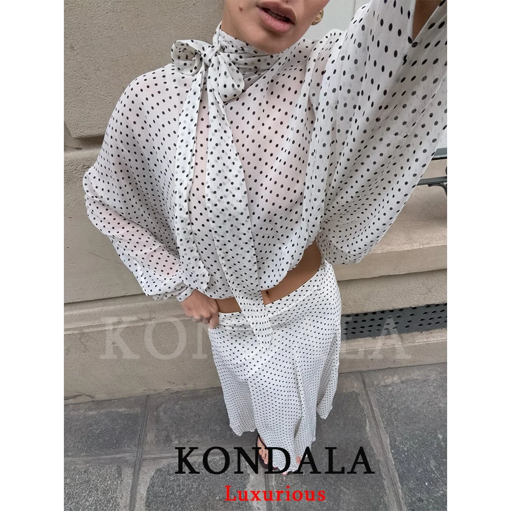 أطقم نسائية من KONDALA بتصميم عتيق منقط، بلوزات فضفاضة من الشيفون بربطة عنق، وتنورات طويلة فضفاضة، أزياء عصرية لربيع وصيف 2026، ملابس للعطلات