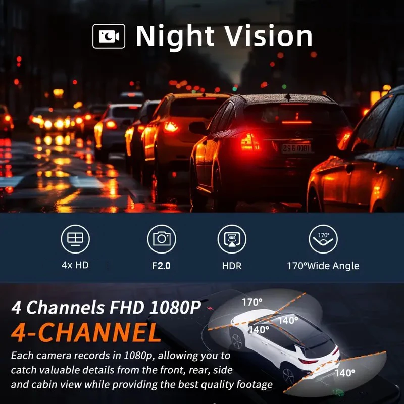 360 ° كاميرا سيارة DVR رباعية العدسات أمامية وخلفية ويسرى ويمنى مع شاشة IPS قابلة للدوران ورؤية ليلية وتسجيل على مدار 24 ساعة ومستشعر G وصندوق أسود