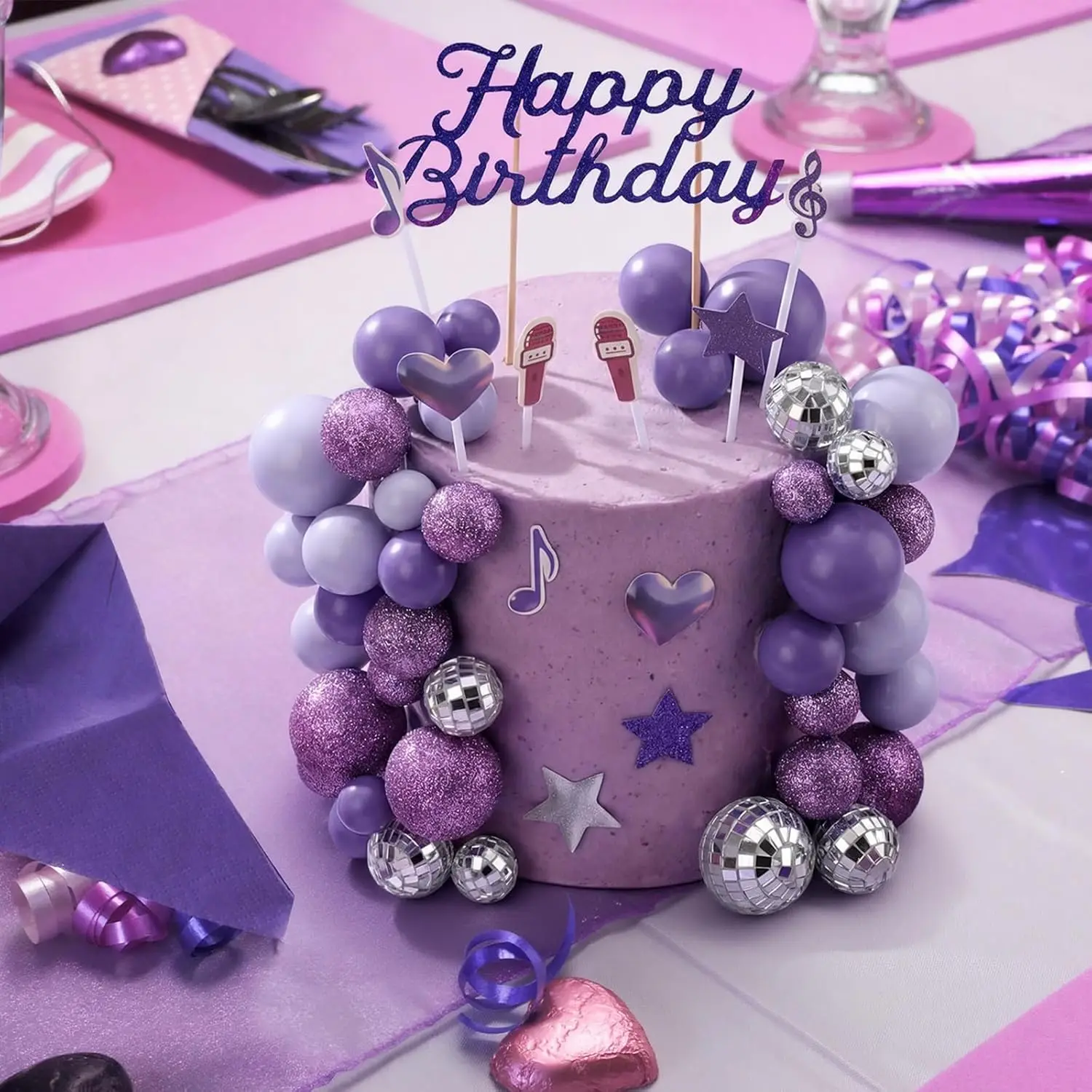 زينة كعكة عيد الميلاد بتصميم سباركل كي-بوب: كرات ديسكو أرجوانية، نوتات موسيقية ونجوم لامعة – مستلزمات حفلات لمحبي الموسيقى وديكور بثيم الموسيقى