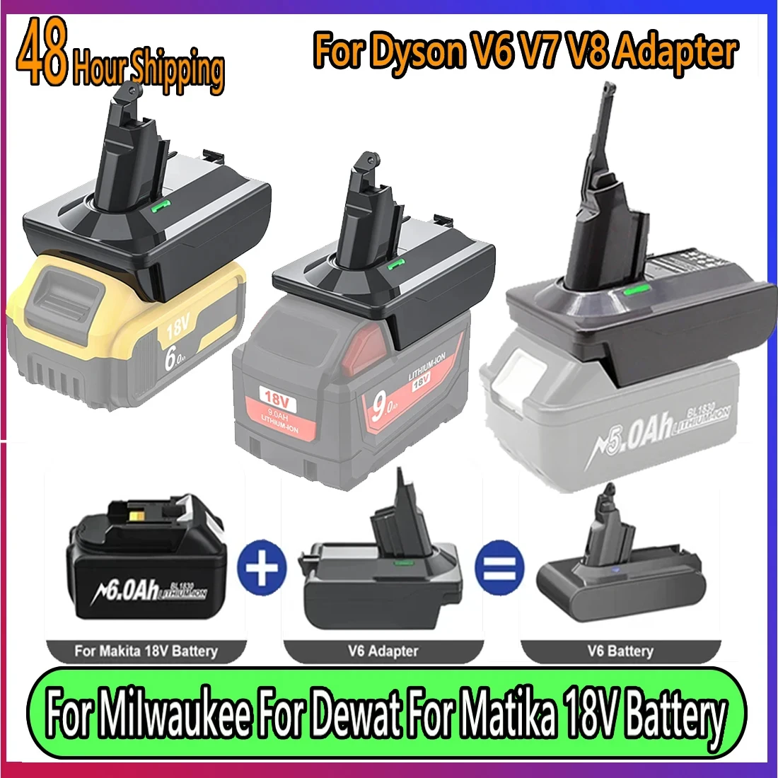 محول لماكيتا/ديوالت/ميلووكي 18 فولت محول بطارية ليثيوم إلى لسلسلة دايسون V6 V7 V8 أداة المكنسة الكهربائية DC58/SV11/SV10