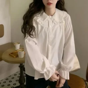 قميص أبيض نسائي عتيق على طراز Preppy بلوزة نسائية أنيقة بأكمام طويلة Y2K قمصان كاواي حلوة تناسب جميع المقاسات