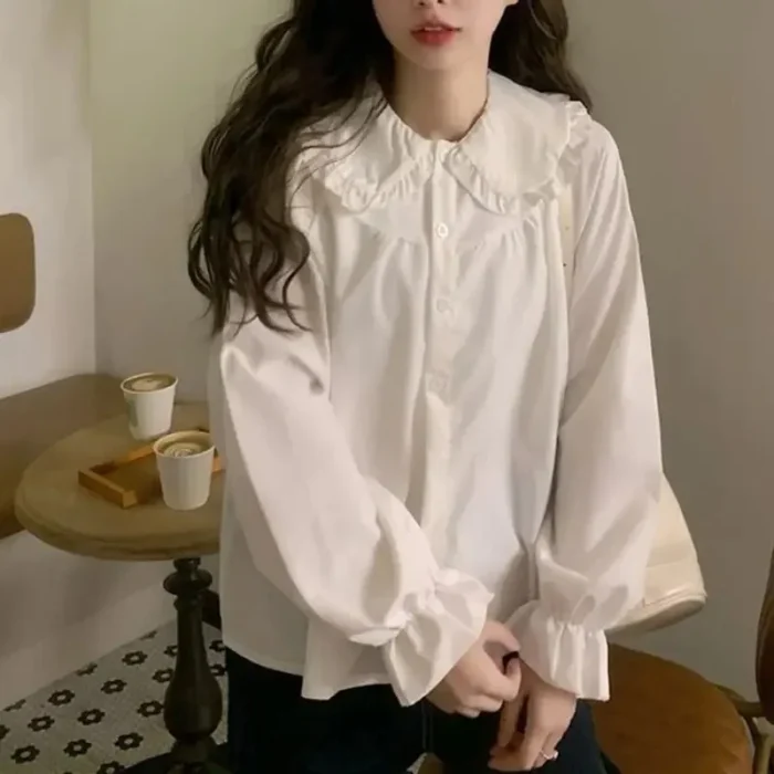 قميص أبيض نسائي عتيق على طراز Preppy بلوزة نسائية أنيقة بأكمام طويلة Y2K قمصان كاواي حلوة تناسب جميع المقاسات