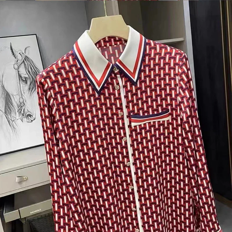 FANIECES S-4XL Ropa De Mujer أنثى الأحمر منقوشة مطبوعة Blusas قميص زر بلوزة بولو عادية ربيع الخريف الملابس النسائية