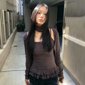 Karrram اليابانية Y2k محبوك القمم قطعتين مجموعة خمر Harajuku زر متماسكة تي شيرت مجموعات الكورية 2000s نمط تريكو الأمريكية