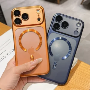 غطاء هاتف فاخر بتصميم مطفي وشفاف مع خاصية المغناطيس، متوافق مع هواتف iPhone 18 و17 Pro Max و17 Pro، ويوفر حماية للشحن اللاسلكي بتقنية Magsafe.