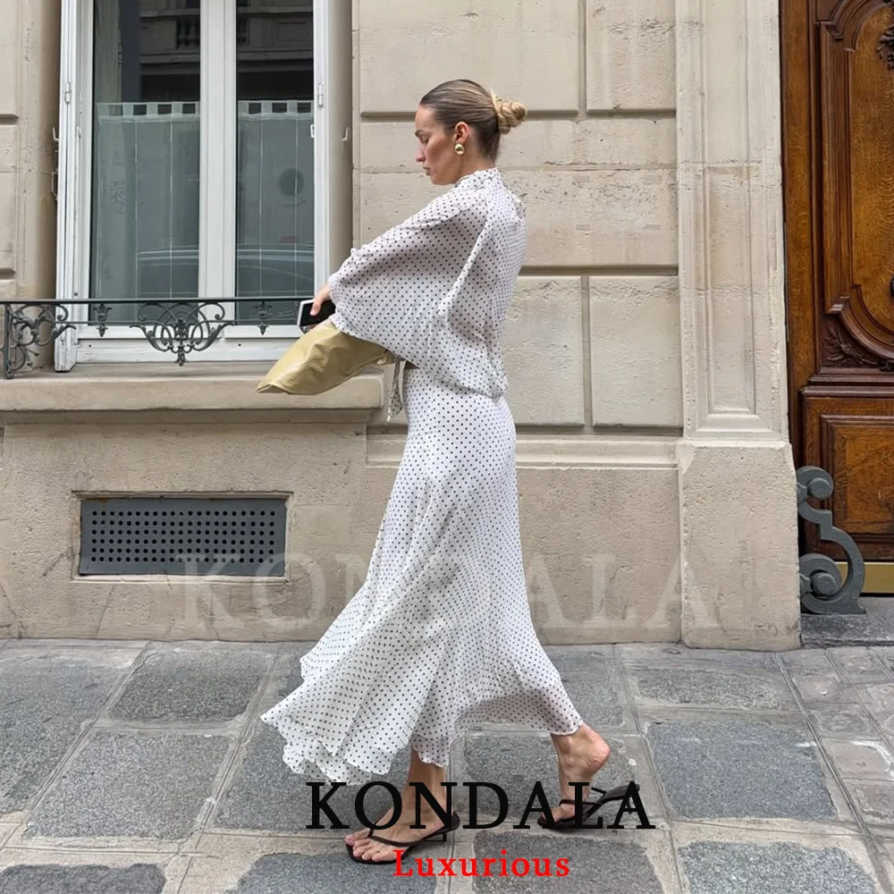 أطقم نسائية من KONDALA بتصميم عتيق منقط، بلوزات فضفاضة من الشيفون بربطة عنق، وتنورات طويلة فضفاضة، أزياء عصرية لربيع وصيف 2026، ملابس للعطلات