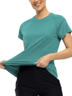 المرأة سريعة الجافة قصيرة الأكمام مرونة رياضة الرطوبة فتل جولة الرقبة تي شيرت التدريب ممارسة رياضة قميص رياضي