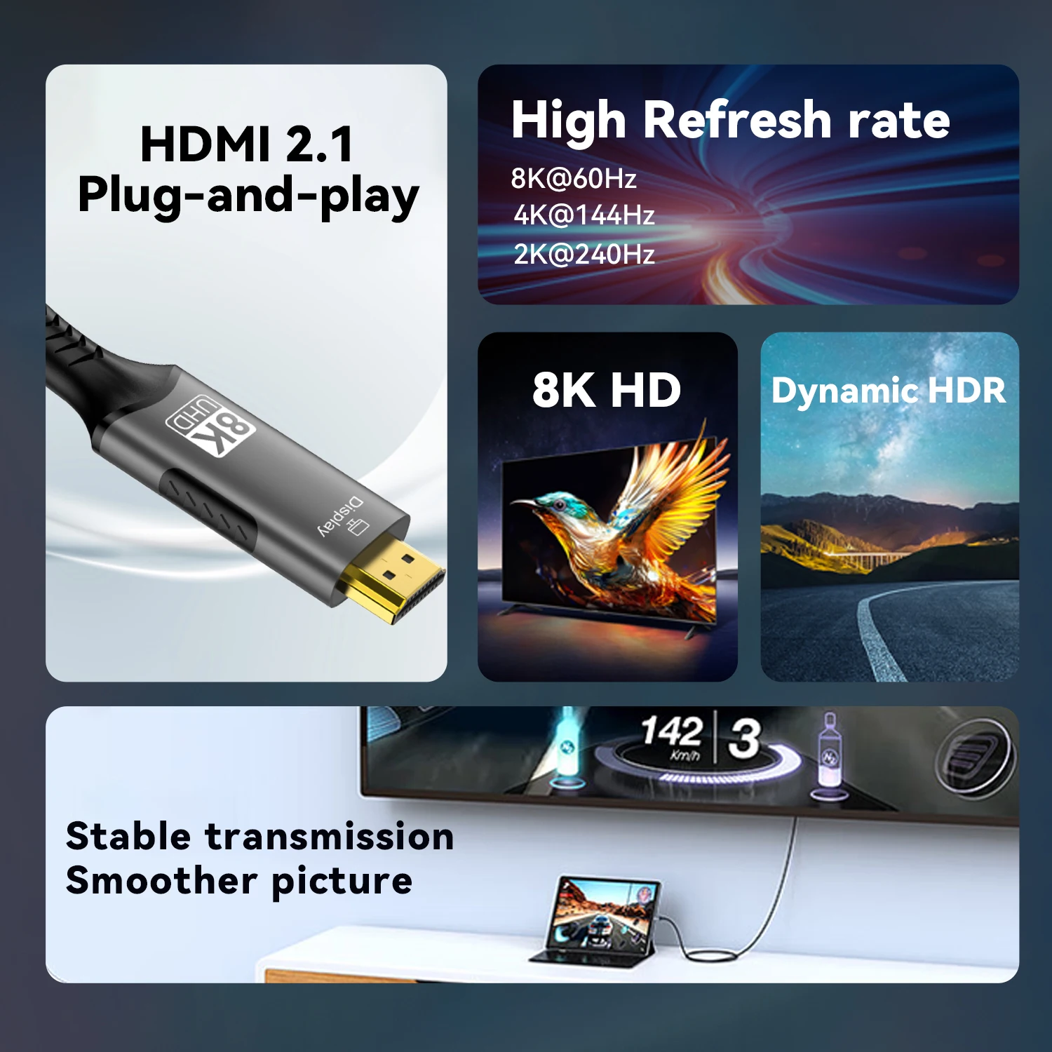 كابل من النوع C إلى HDMI 8K@60 هرتز 4K@120 هرتز 2K@240 هرتز USB C إلى HDMI 2.1 سلك متوافق مع محول التلفزيون MacBook iPad Samsung Galaxy