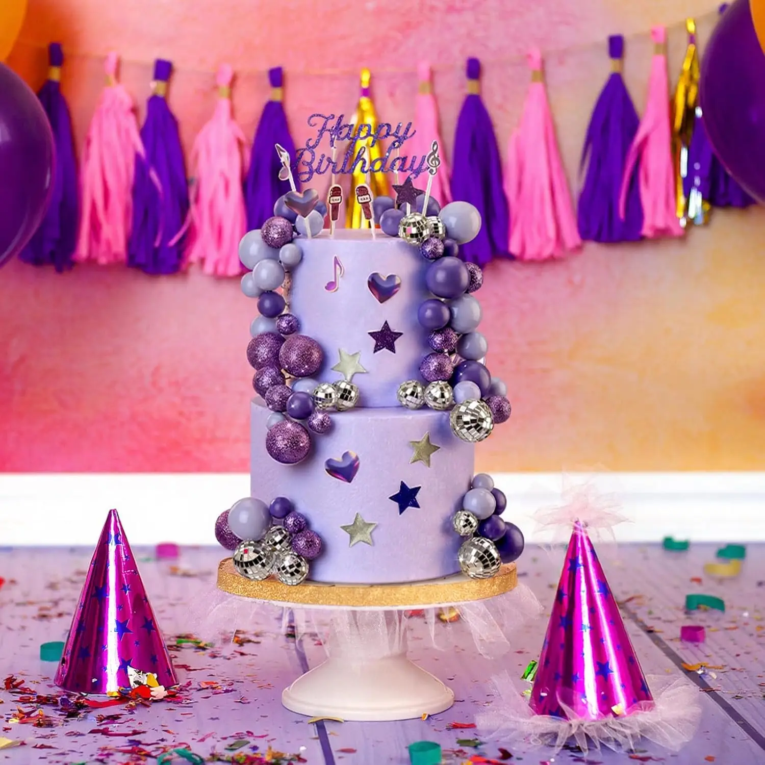 زينة كعكة عيد الميلاد بتصميم سباركل كي-بوب: كرات ديسكو أرجوانية، نوتات موسيقية ونجوم لامعة – مستلزمات حفلات لمحبي الموسيقى وديكور بثيم الموسيقى