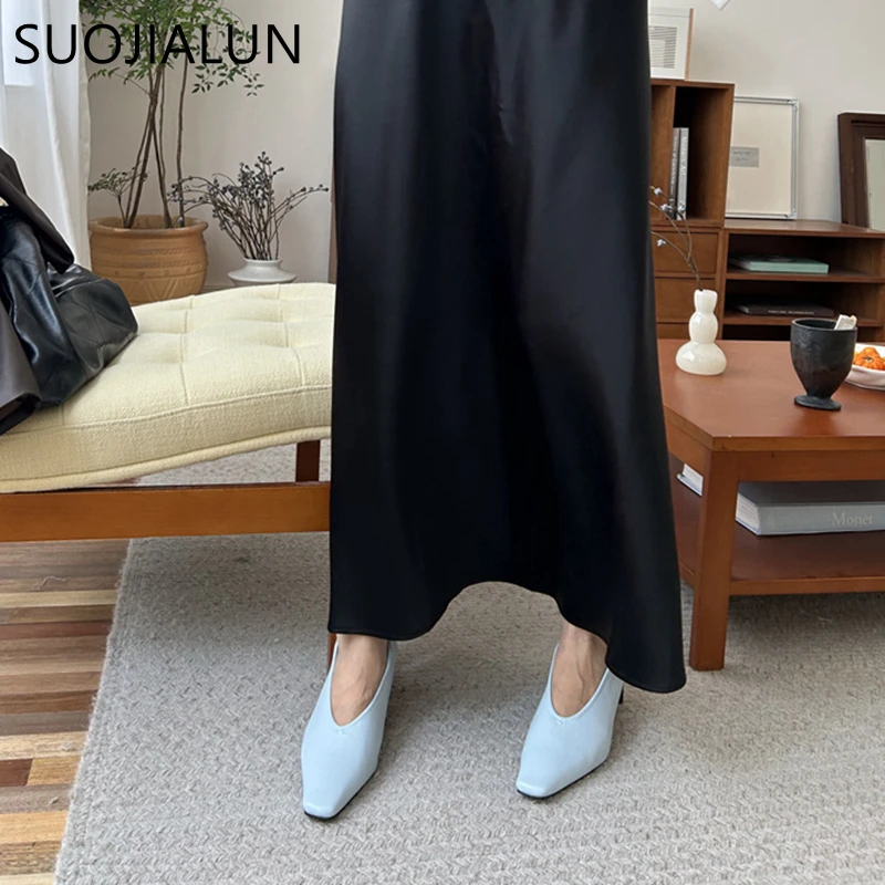 SUOJIALUN الخريف النساء مضخات أحذية موضة الضحلة الانزلاق على السيدات أنيقة حذا فردي للسيدات مربع عالية الكعب فستان في الهواء الطلق مضخات