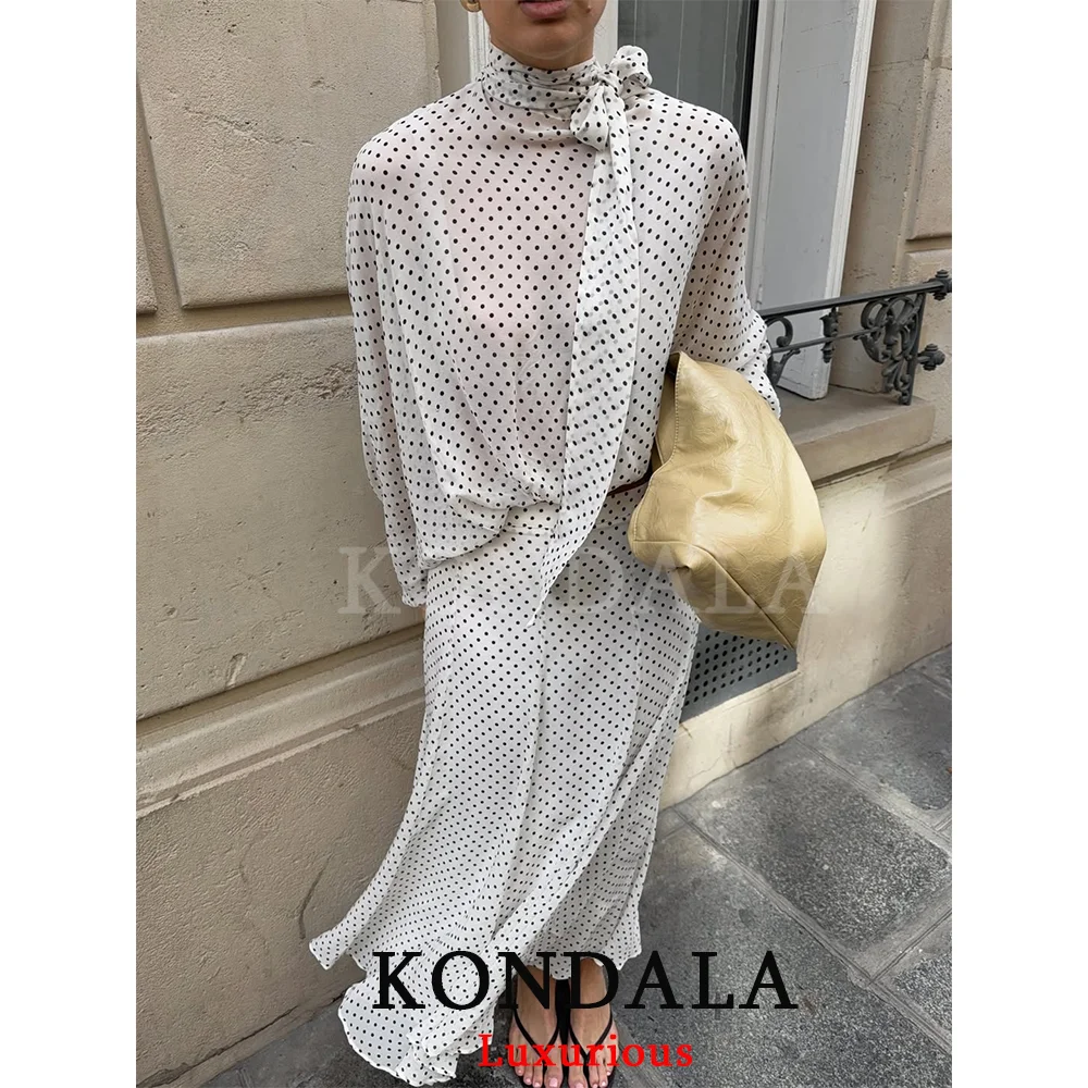 أطقم نسائية من KONDALA بتصميم عتيق منقط، بلوزات فضفاضة من الشيفون بربطة عنق، وتنورات طويلة فضفاضة، أزياء عصرية لربيع وصيف 2026، ملابس للعطلات