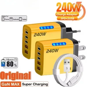 إجمالي 240 واط GaN USB شاحن سريع نوع C متعدد المنافذ شاحن شحن الهاتف مع ضوء LED آيفون 15 برو سامسونج هواوي Xiaomi