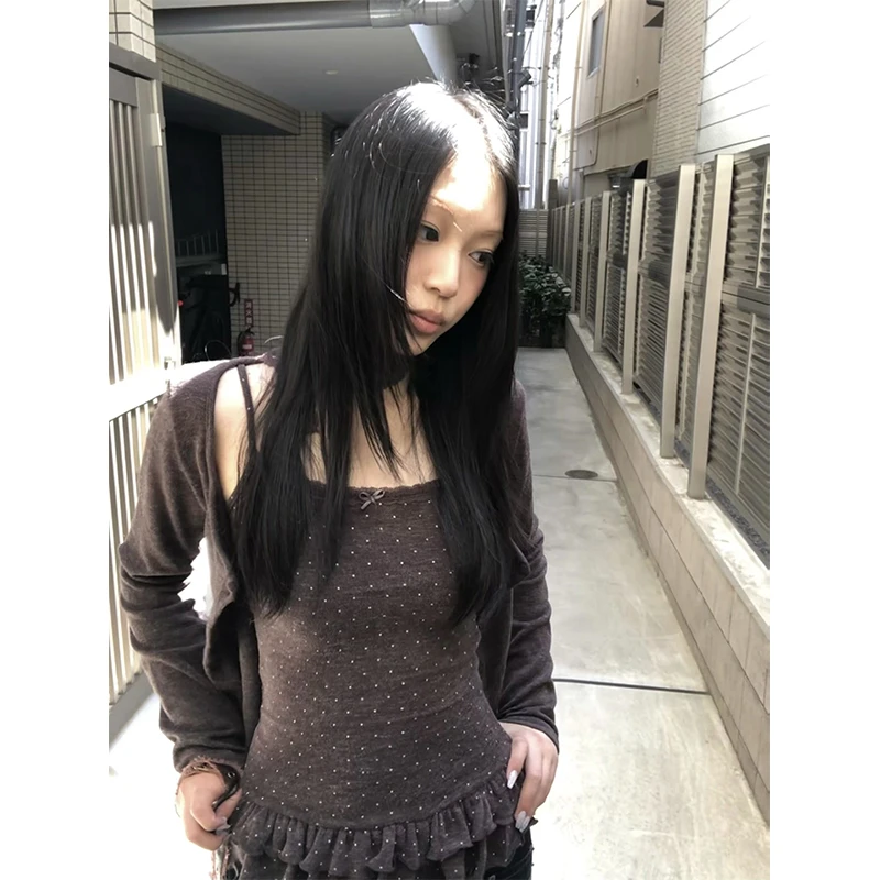 Karrram اليابانية Y2k محبوك القمم قطعتين مجموعة خمر Harajuku زر متماسكة تي شيرت مجموعات الكورية 2000s نمط تريكو الأمريكية
