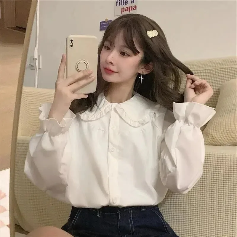قميص أبيض نسائي عتيق على طراز Preppy بلوزة نسائية أنيقة بأكمام طويلة Y2K قمصان كاواي حلوة تناسب جميع المقاسات