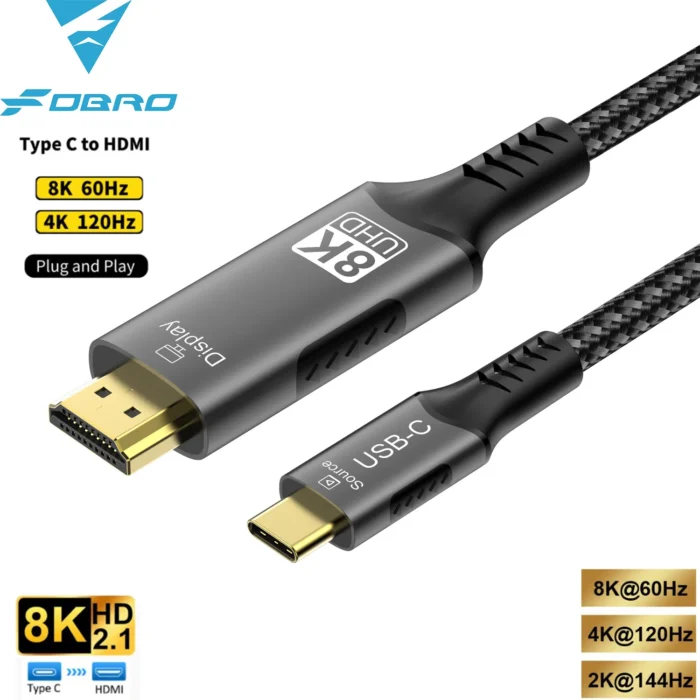 كابل من النوع C إلى HDMI 8K@60 هرتز 4K@120 هرتز 2K@240 هرتز USB C إلى HDMI 2.1 سلك متوافق مع محول التلفزيون MacBook iPad Samsung Galaxy