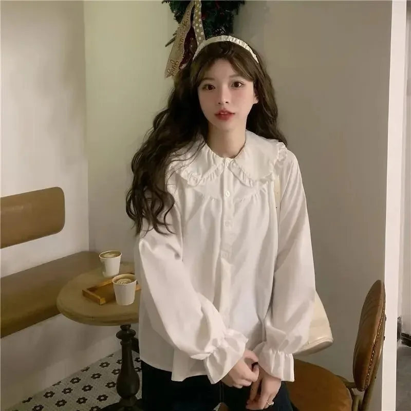 قميص أبيض نسائي عتيق على طراز Preppy بلوزة نسائية أنيقة بأكمام طويلة Y2K قمصان كاواي حلوة تناسب جميع المقاسات