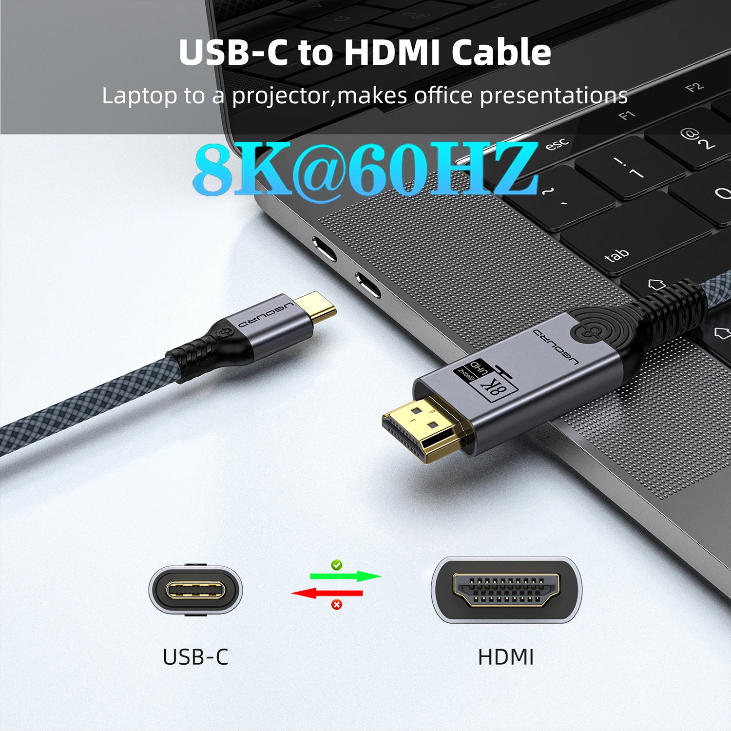UGOURD USB C إلى HDMI2.0 كابل نوع C إلى HDMI 4K60HZ محول Thunderbolt 3 4 إلى HDTV 2.0 محول كابل آيفون 15 16 ماك بوك